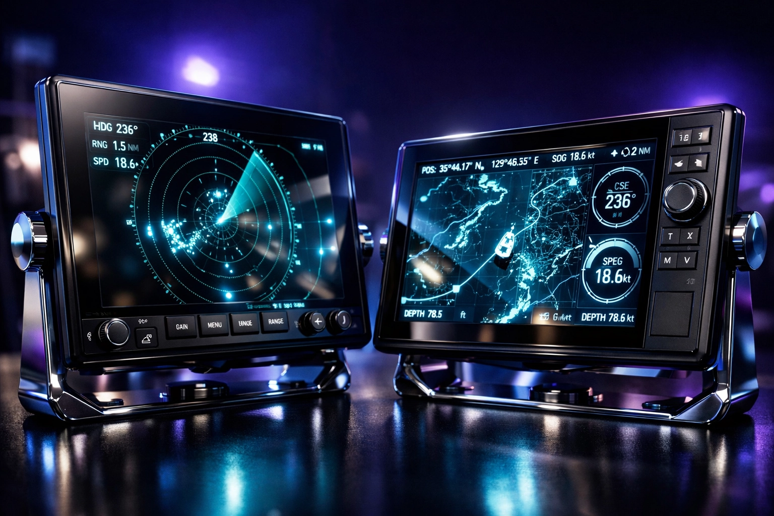 Marine navigation equipment chartplotter and radar display screens