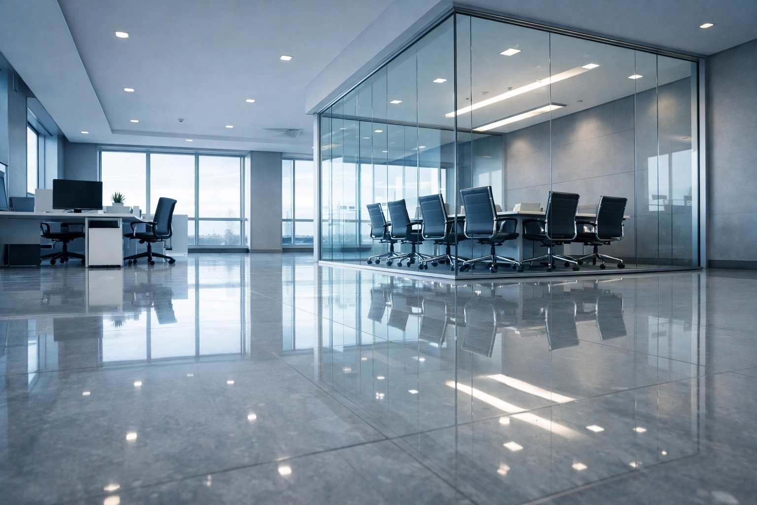 Clean modern office interior showcasing professional janitorial services