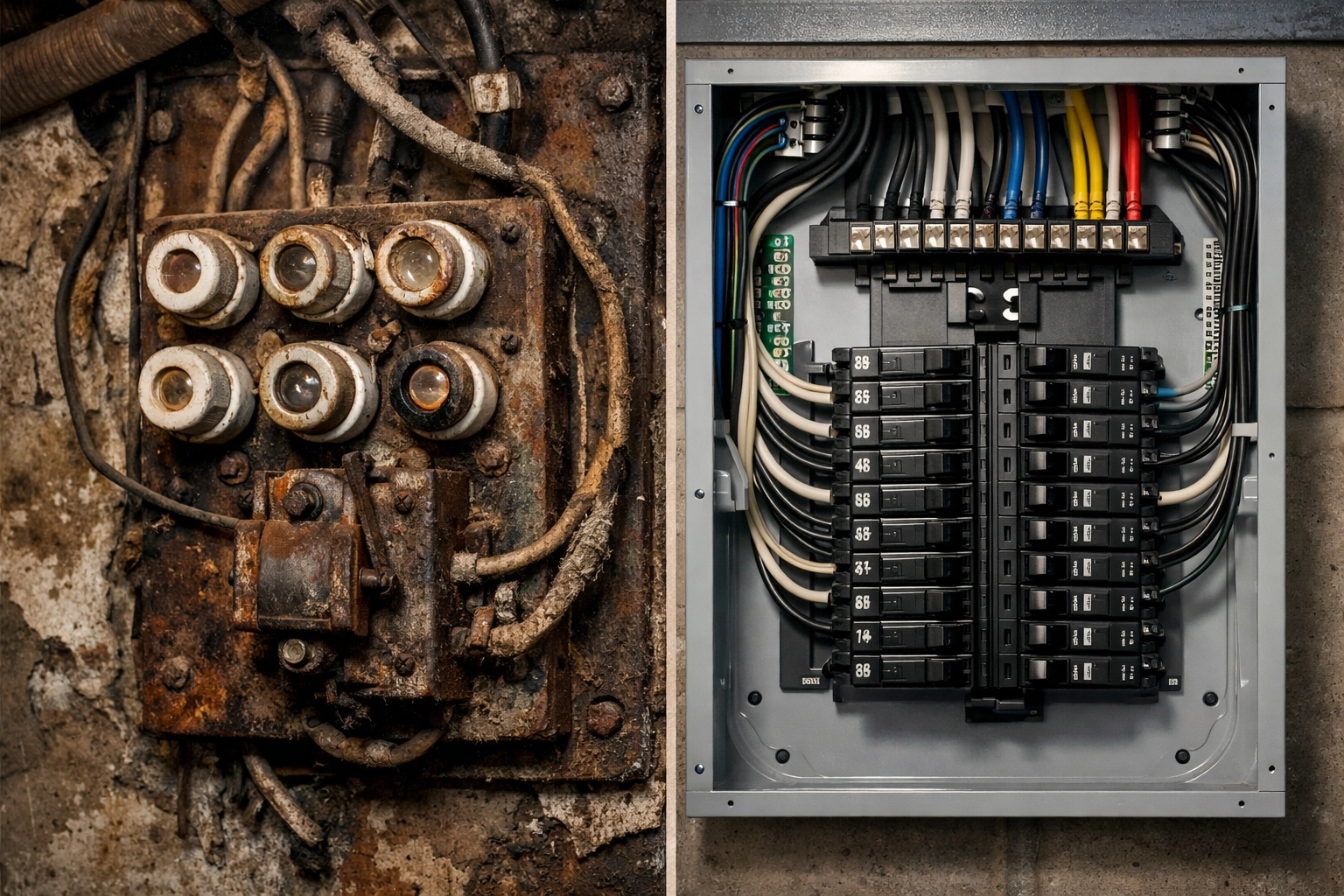 Comparison of outdated fuse box versus modern electrical panel upgrade