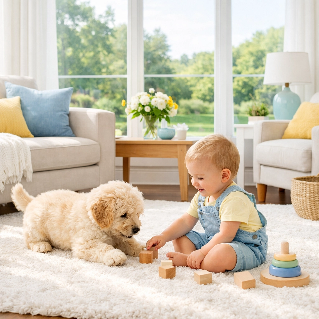 Safe, chemical-free living room in Upton MA for families and pets after professional cleaning.