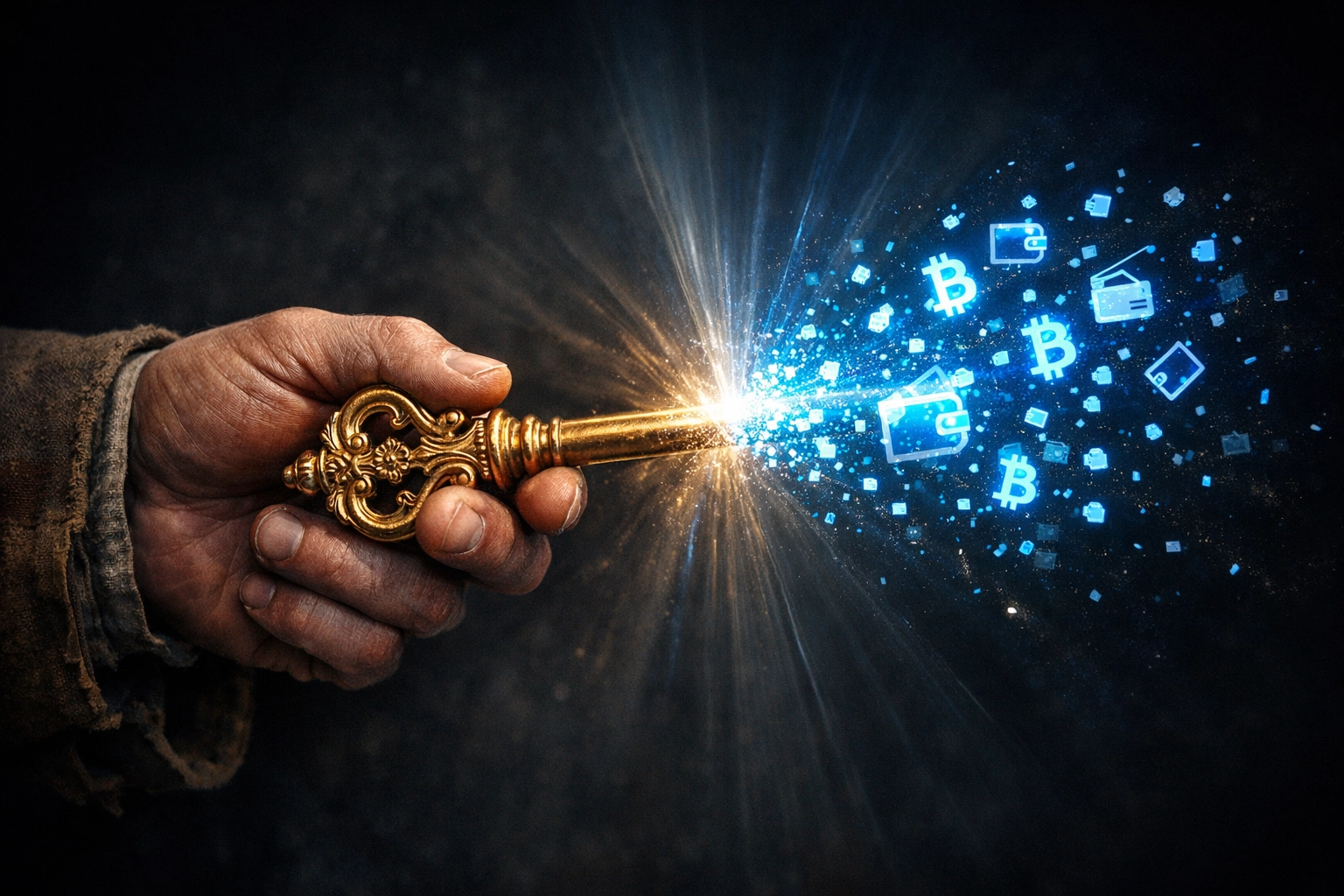 Self-custody concept showing key transforming into digital wallet control