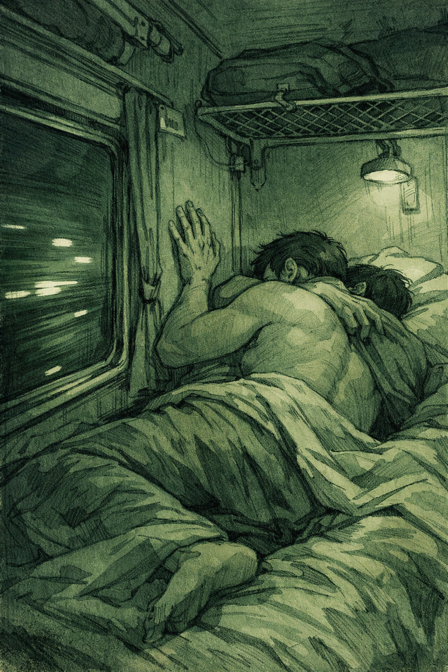Two men in intimate embrace in train sleeper bed - MM romance passion scene
