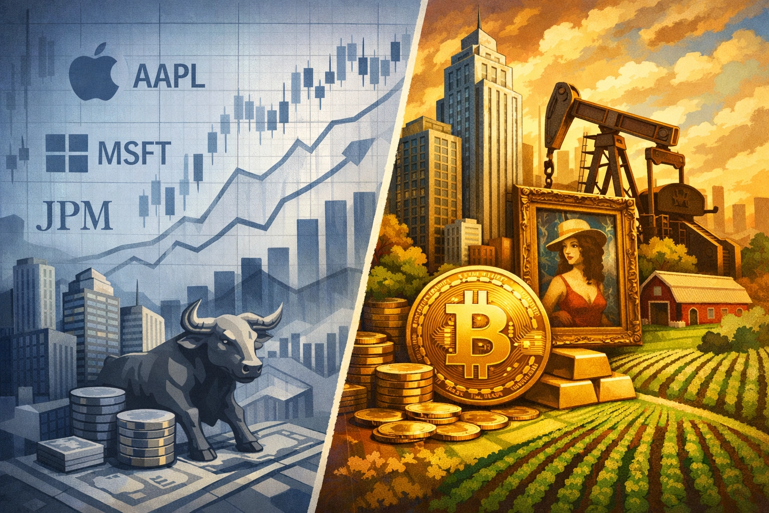 Traditional stocks and bonds versus alternative investments like real estate and Bitcoin