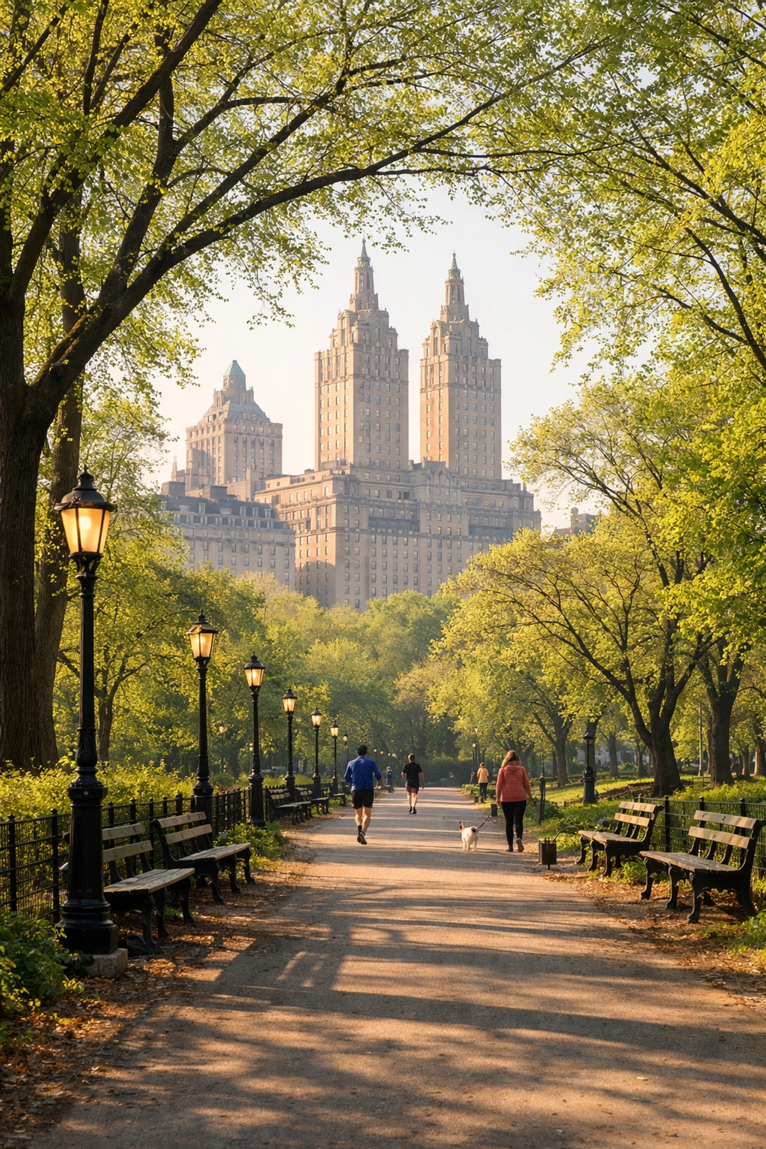 Pathway in Central Park with joggers and walkers, surrounded by trees and benches, featuring the iconic buildings of the Upper West Side in the background, illustrating tranquility and local charm.