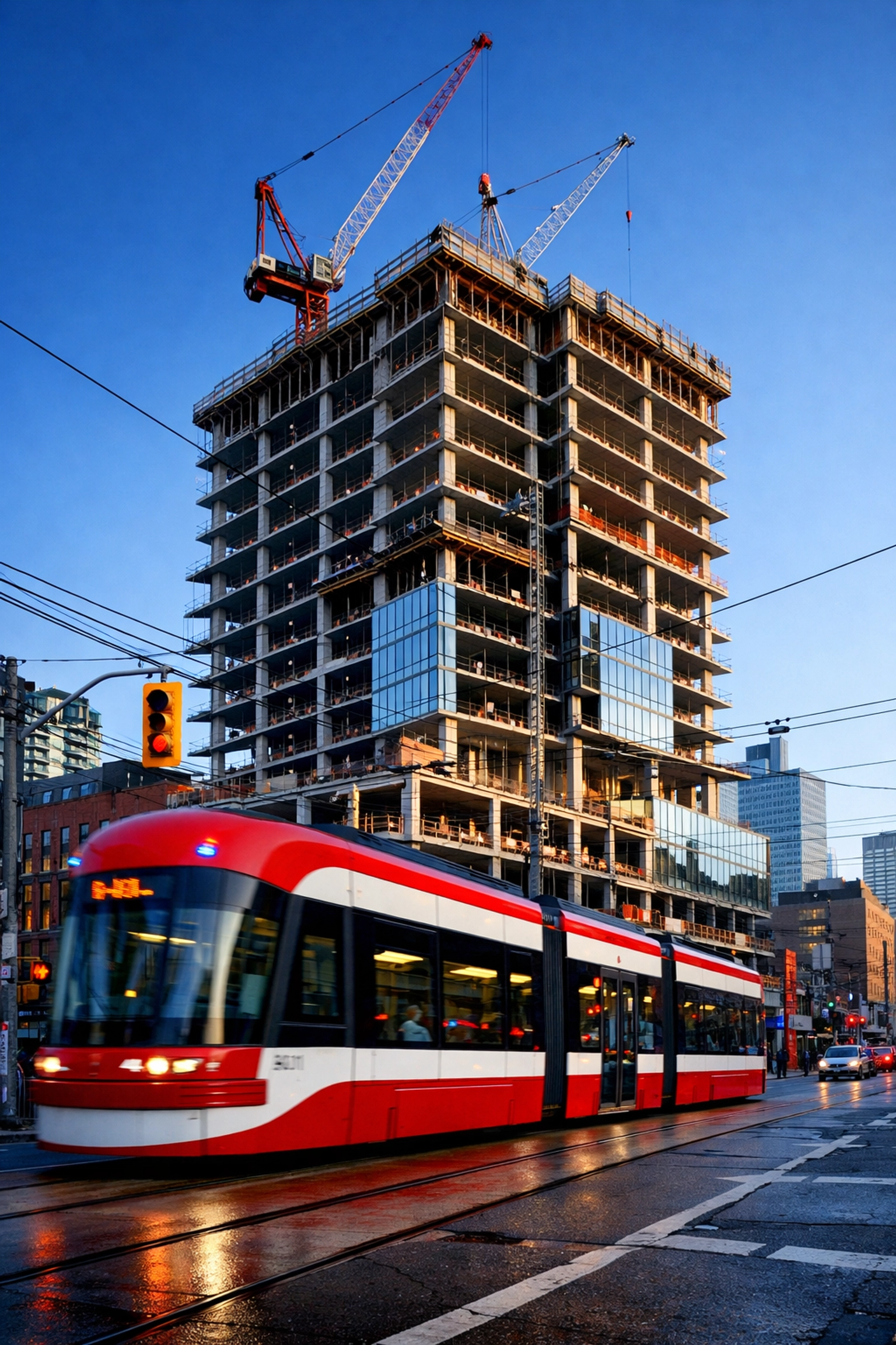 Modern Toronto condominium construction site with a passing streetcar representing urban growth.