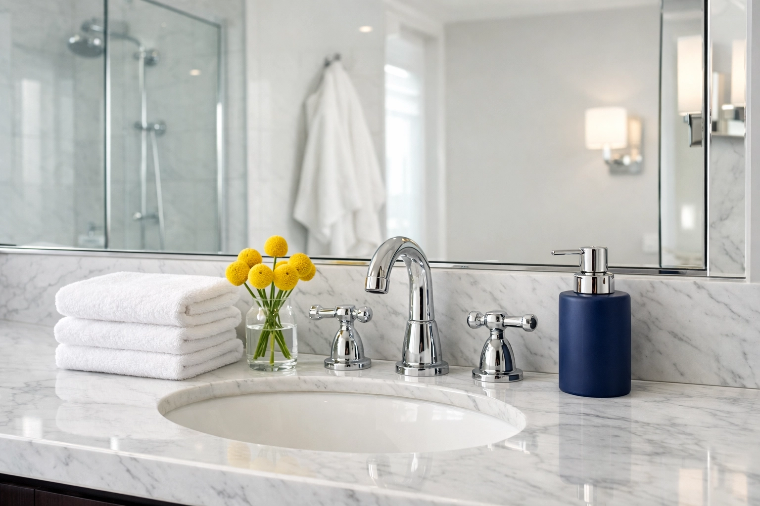 Sparkling clean luxury guest bathroom with fresh towels and a sanitized marble vanity.