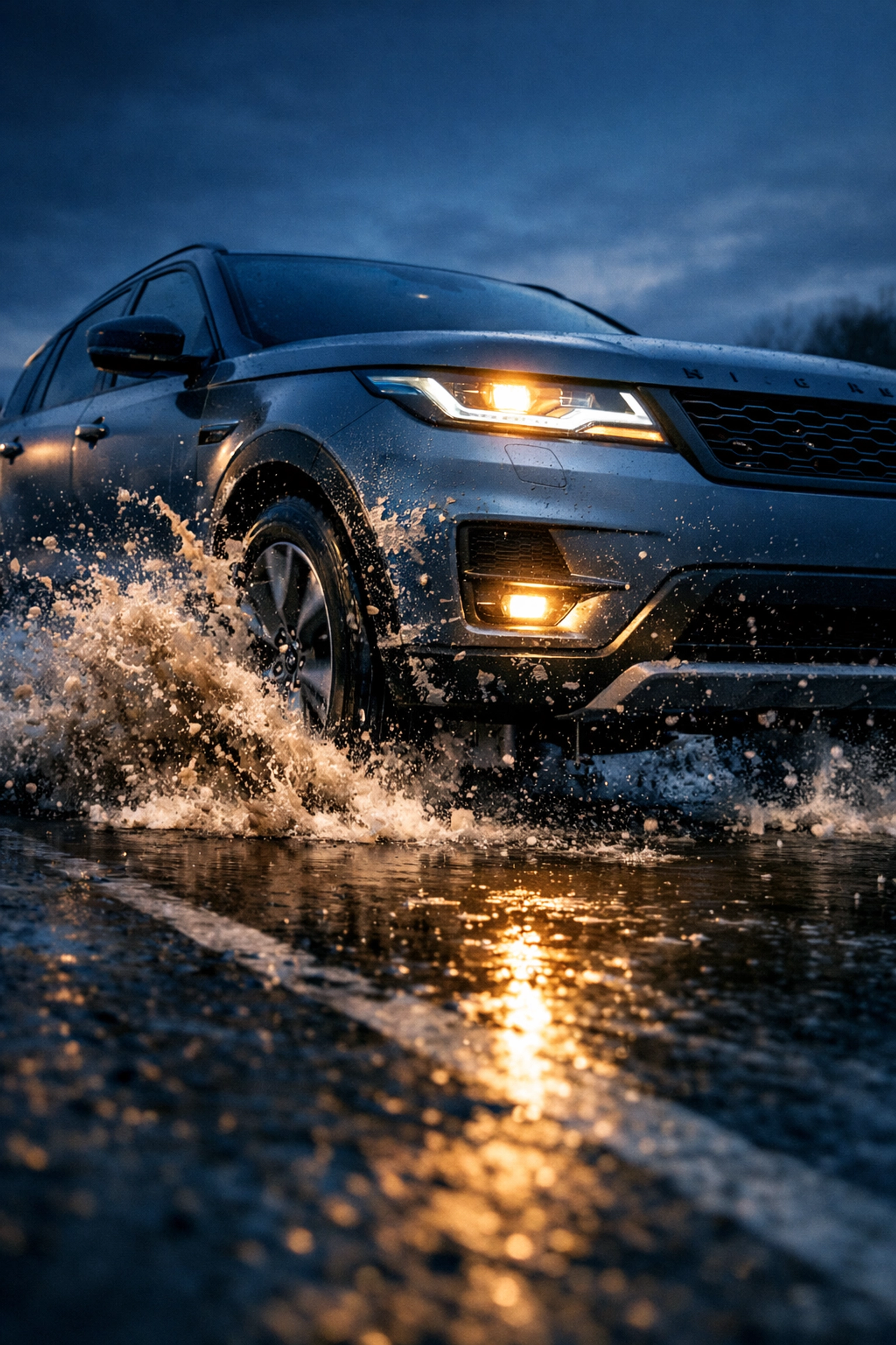 SUV driving through a salty puddle on a wet road, causing water to splash the car's underbody.