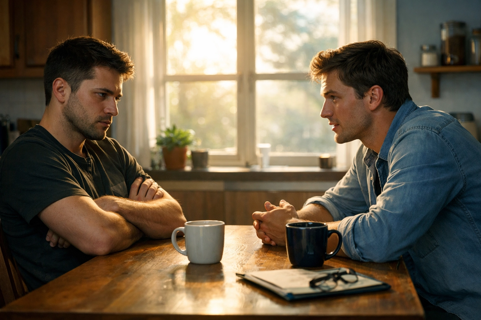 Gay couple having serious relationship talk across kitchen table