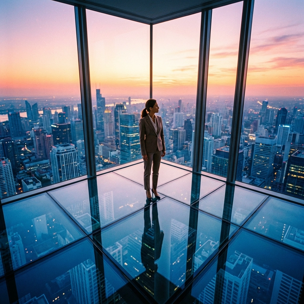 Investor at crossroads overlooking city skyline, contemplating portfolio strategy and investment opportunities