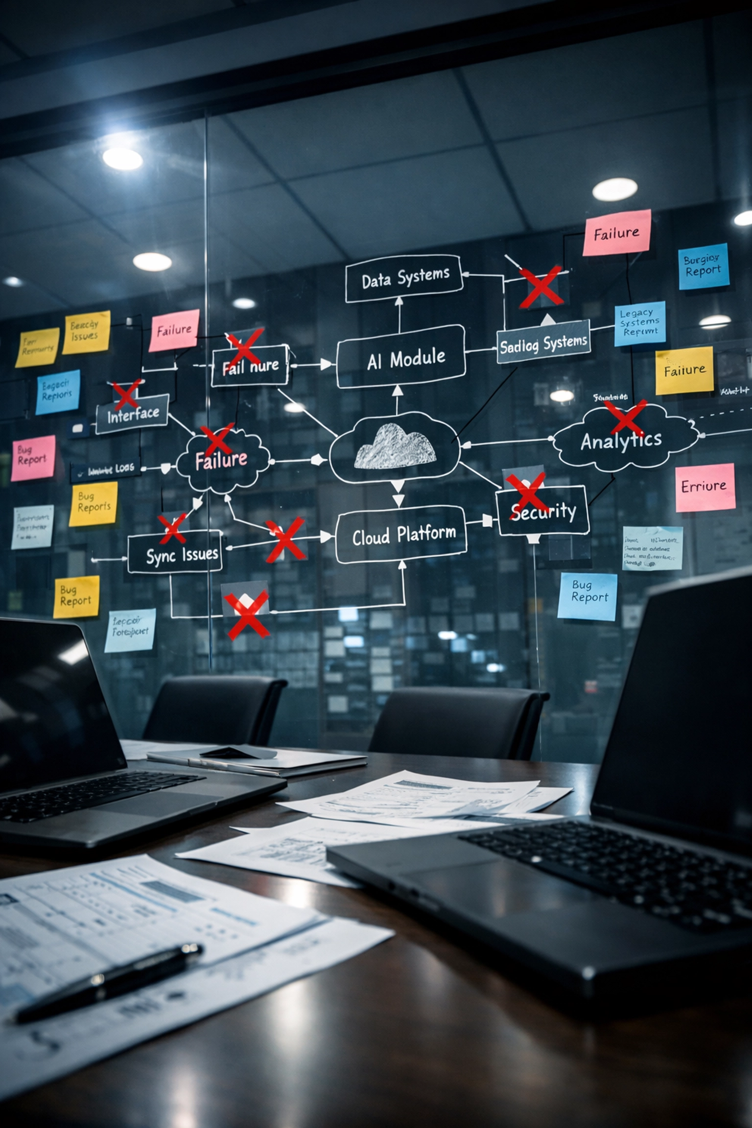 Enterprise AI integration challenges shown through complex flowcharts and disconnected systems in corporate office