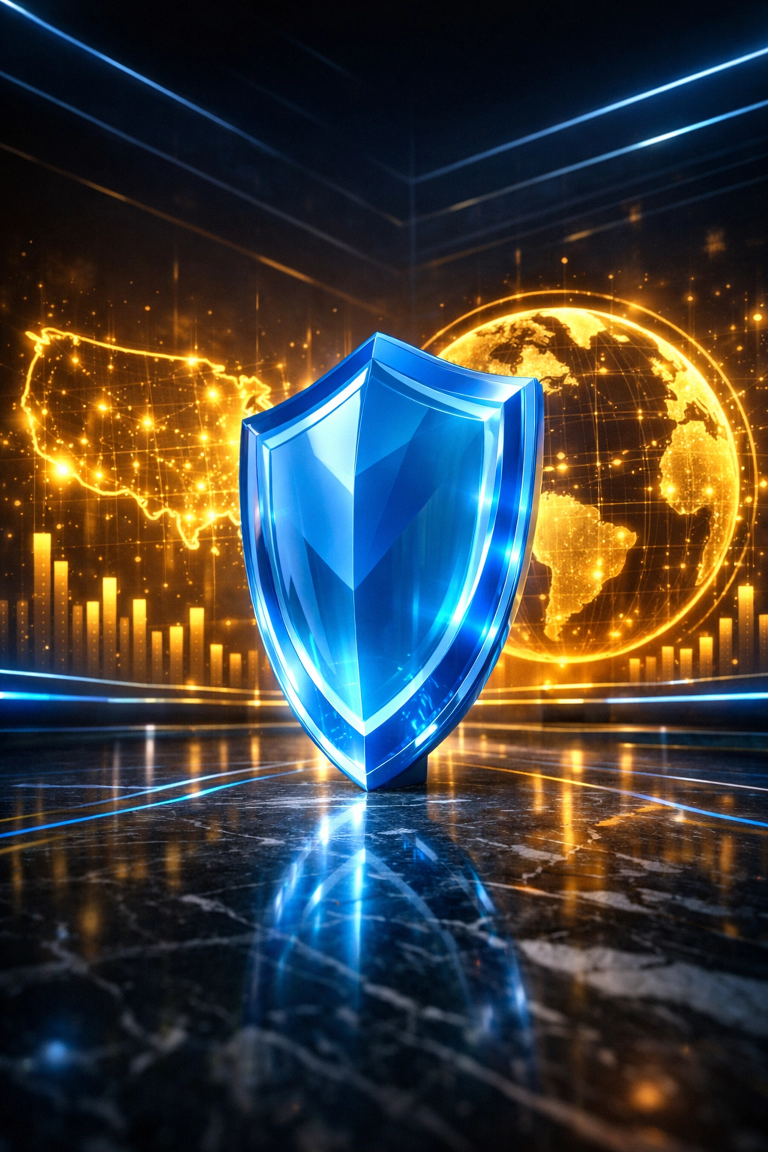 A digital shield over a holographic map symbolizing Larecoin’s regulatory compliance for global crypto payments.