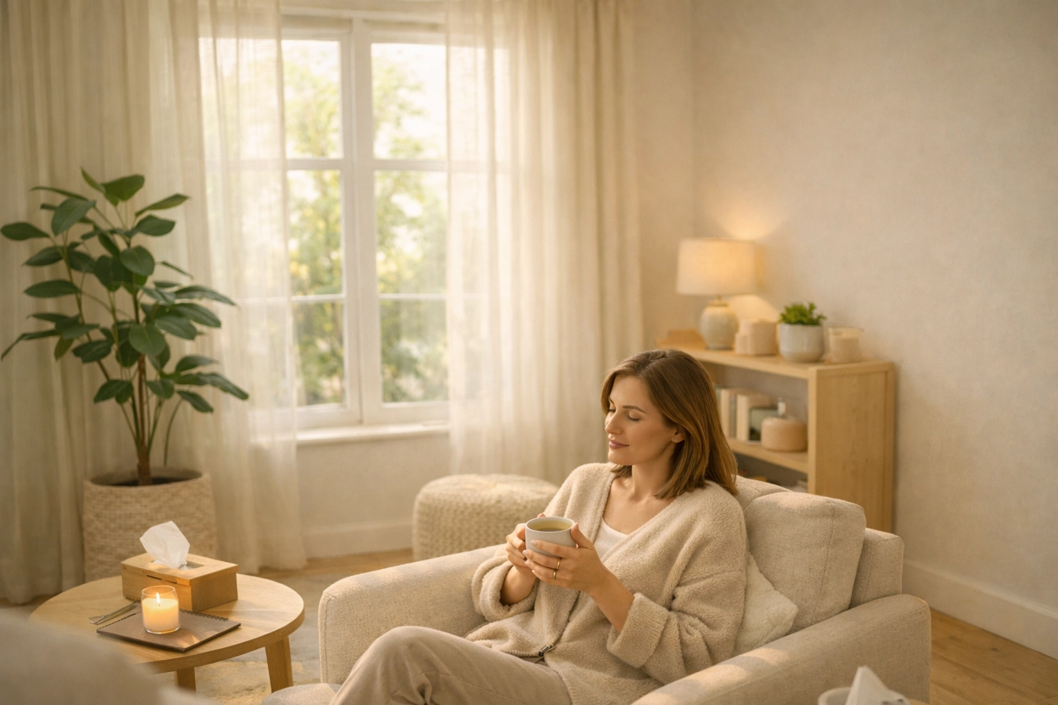 Woman in peaceful therapy office in Denver discussing trauma-informed mental health care