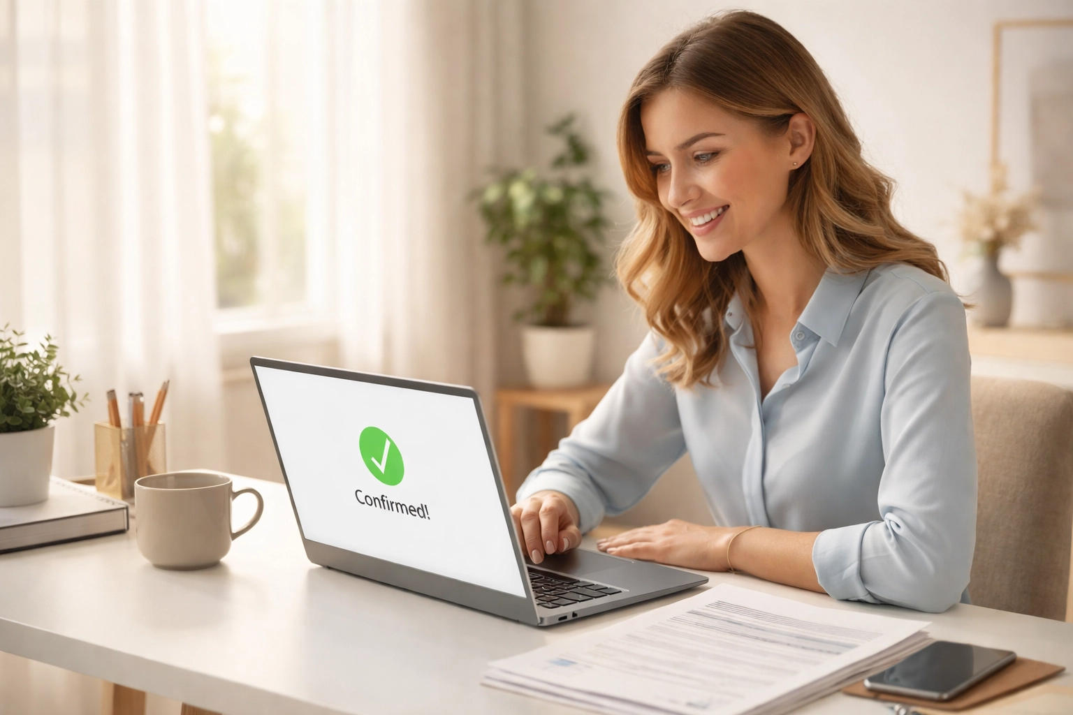 Young woman happily reviews her early tax filing confirmation at a sunlit desk, highlighting stress-free tax season filing.