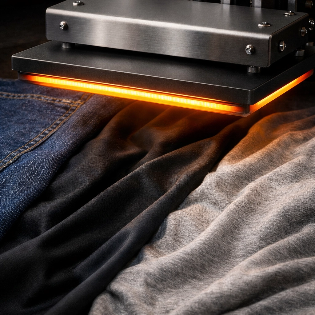 Heat press applying transfers to different apparel fabrics including cotton and polyester.