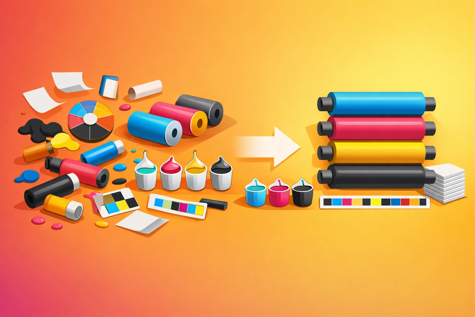 Print press workflow optimization showing standardized setup procedures and efficient job changeover