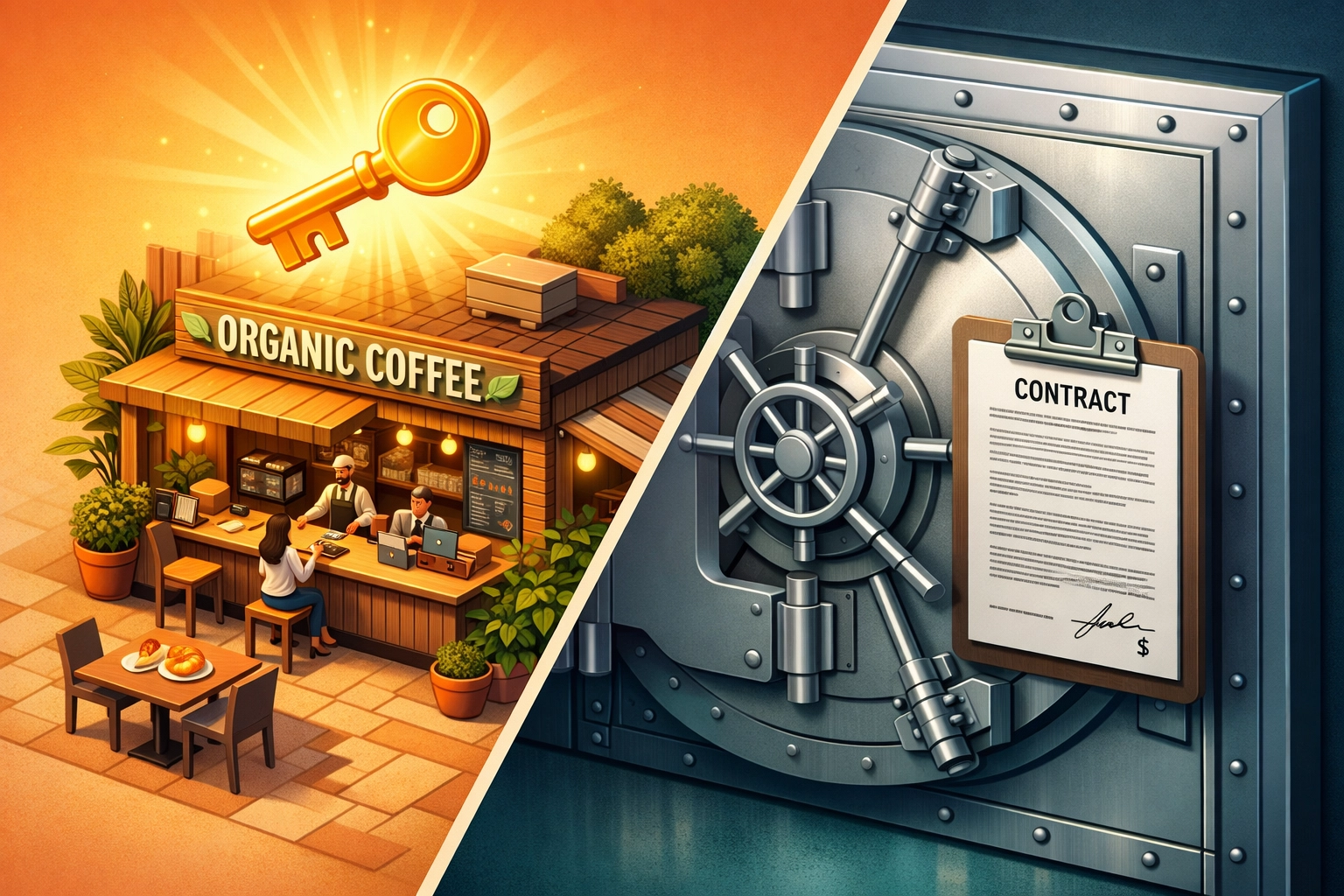 Visual comparison of business ownership as a coffee shop and bond lending as a secure vault contract.