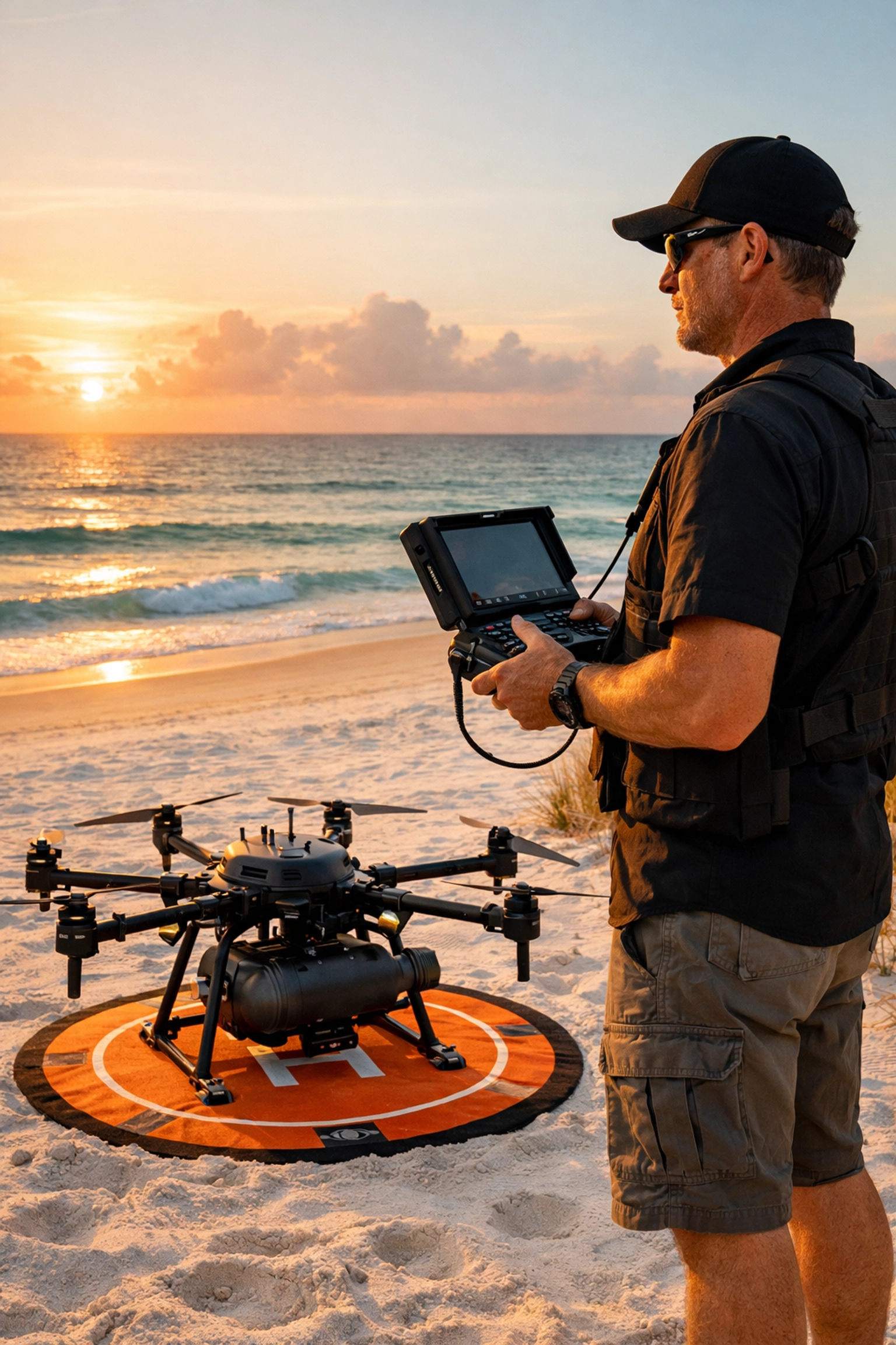 A professional drone operator preparing a drone ashes scattering ceremony on the scenic Florida coastline.
