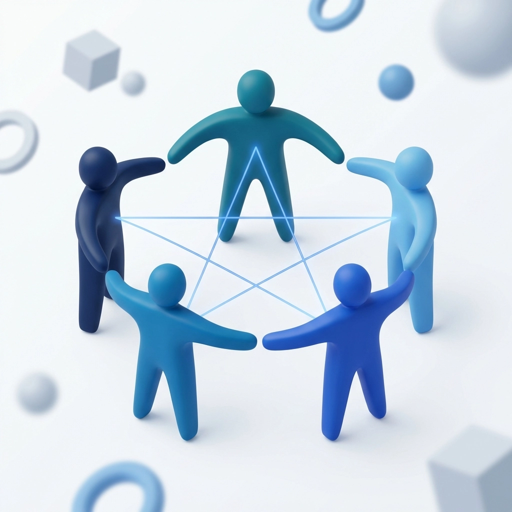 Collaborative circle of abstract human figures demonstrating the importance of team dynamics and peer relationships in organizational culture.