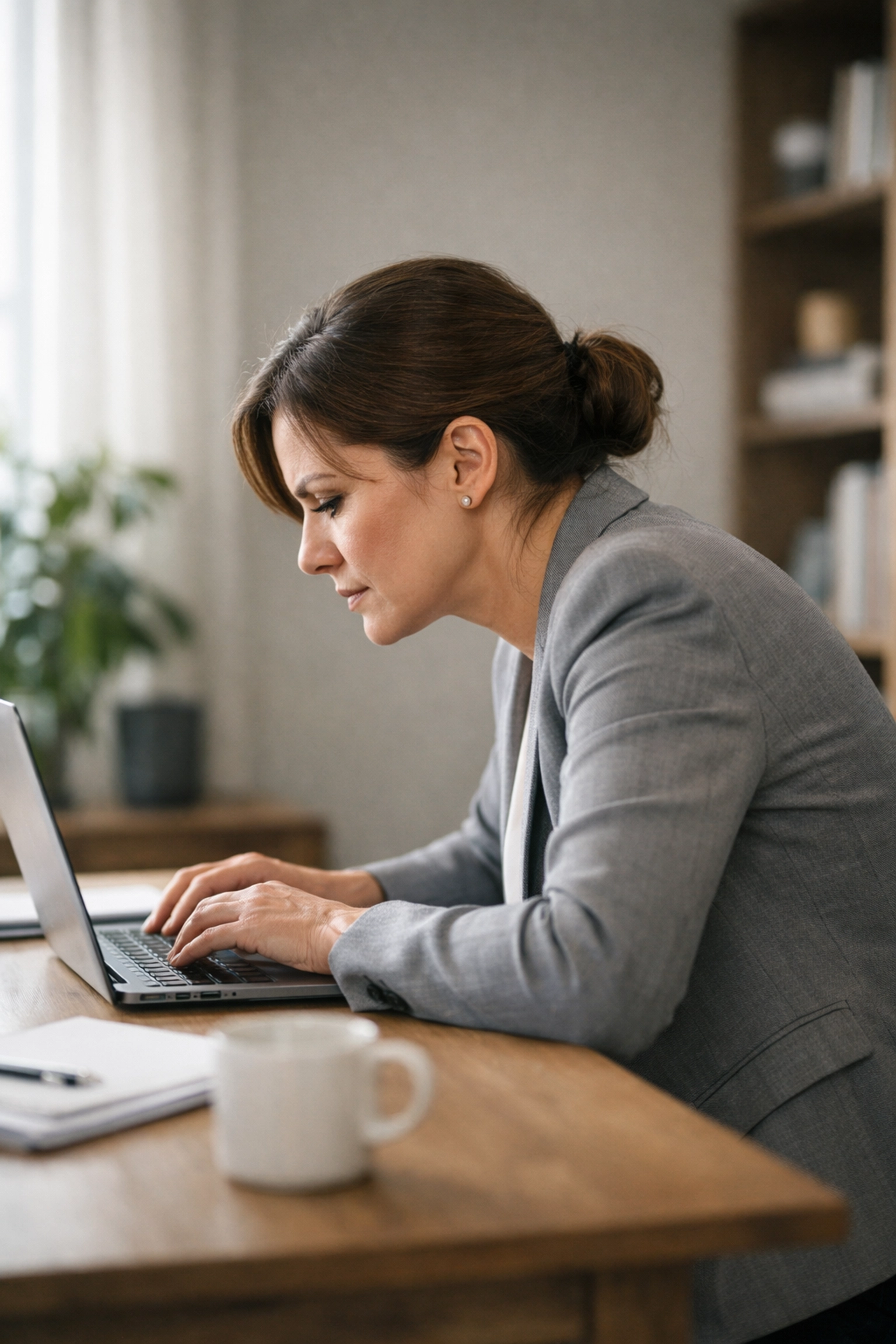 Woman hunched over a laptop in Edmonton, illustrating desk neck tension and poor posture.