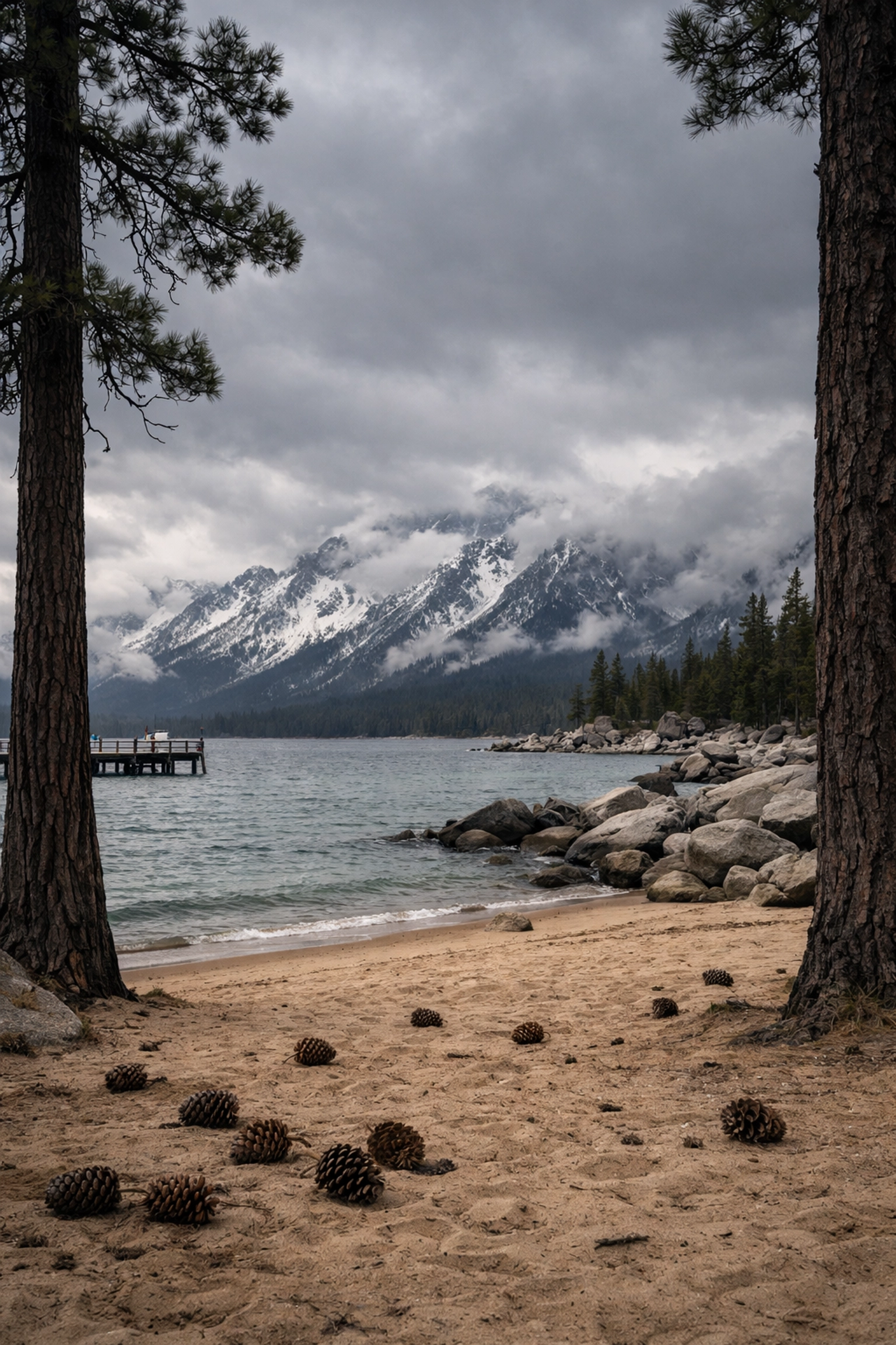 Moody sunset clouds over snow-capped Sierra Nevada mountains and the sandy shoreline of Zephyr Cove in Lake Tahoe.