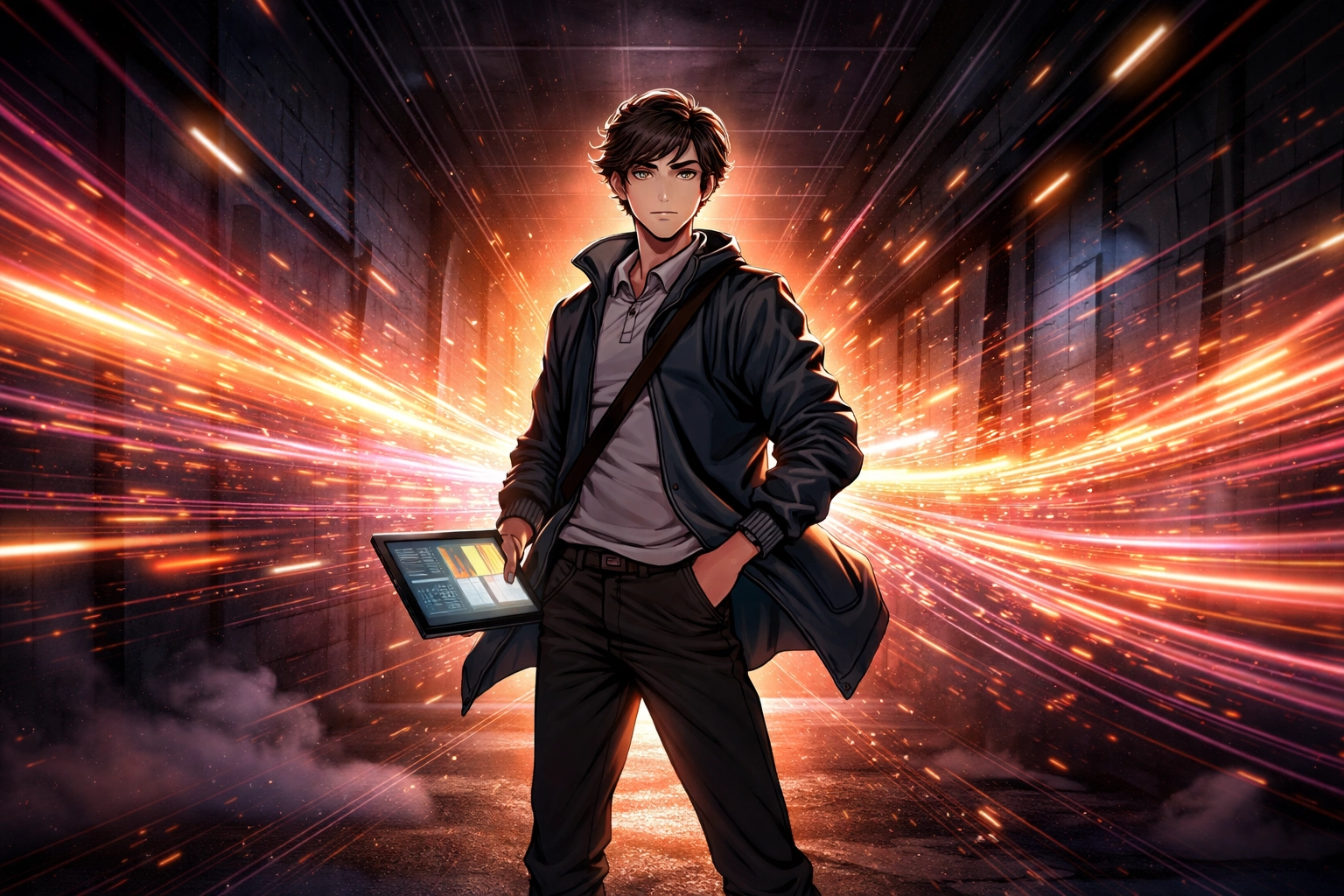 Tech analyst standing in a vibrant data tunnel visualizing the speed and impact of real-time analytics action