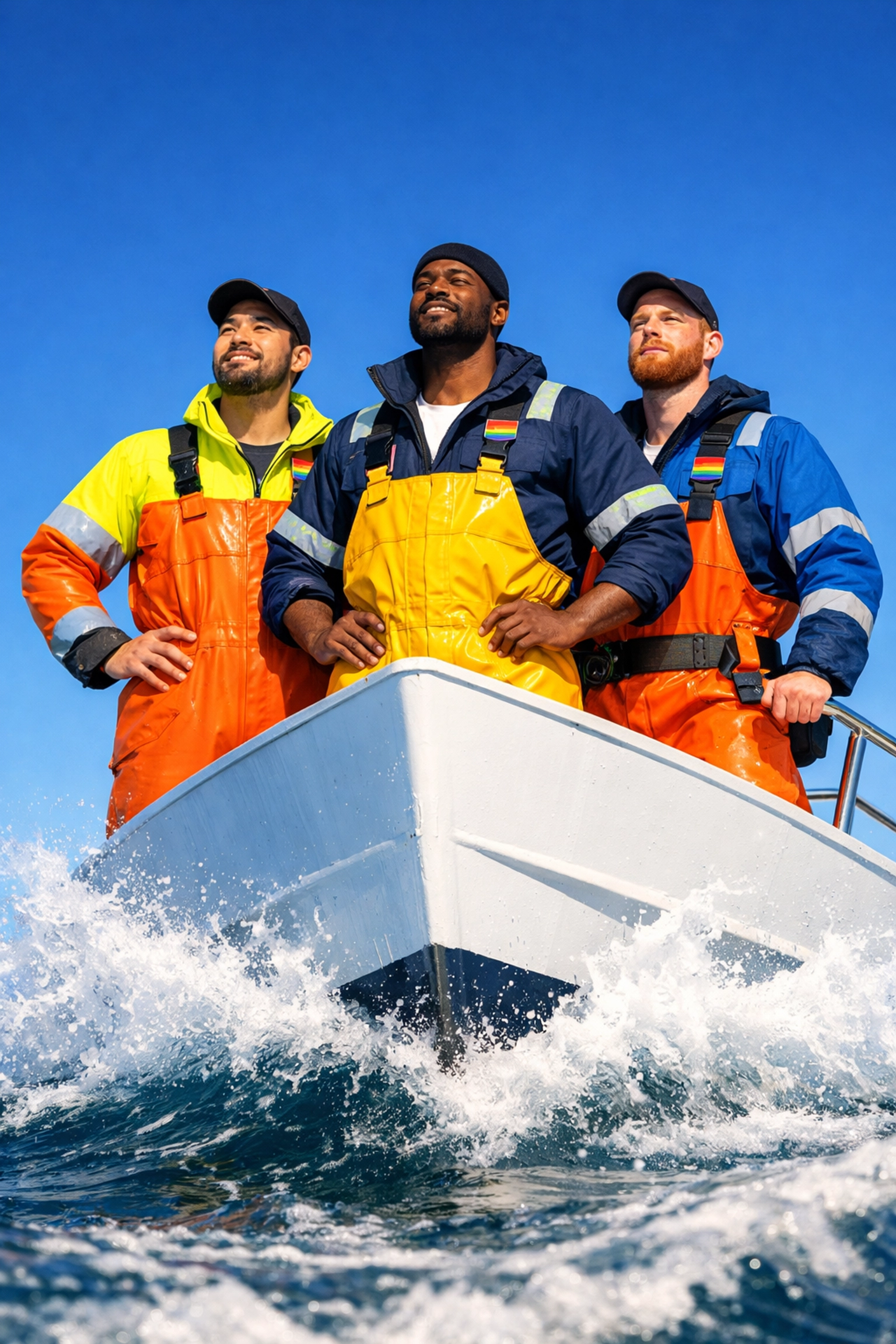 A diverse group of gay maritime workers looking at the horizon, representing a bright future for queer mariners.