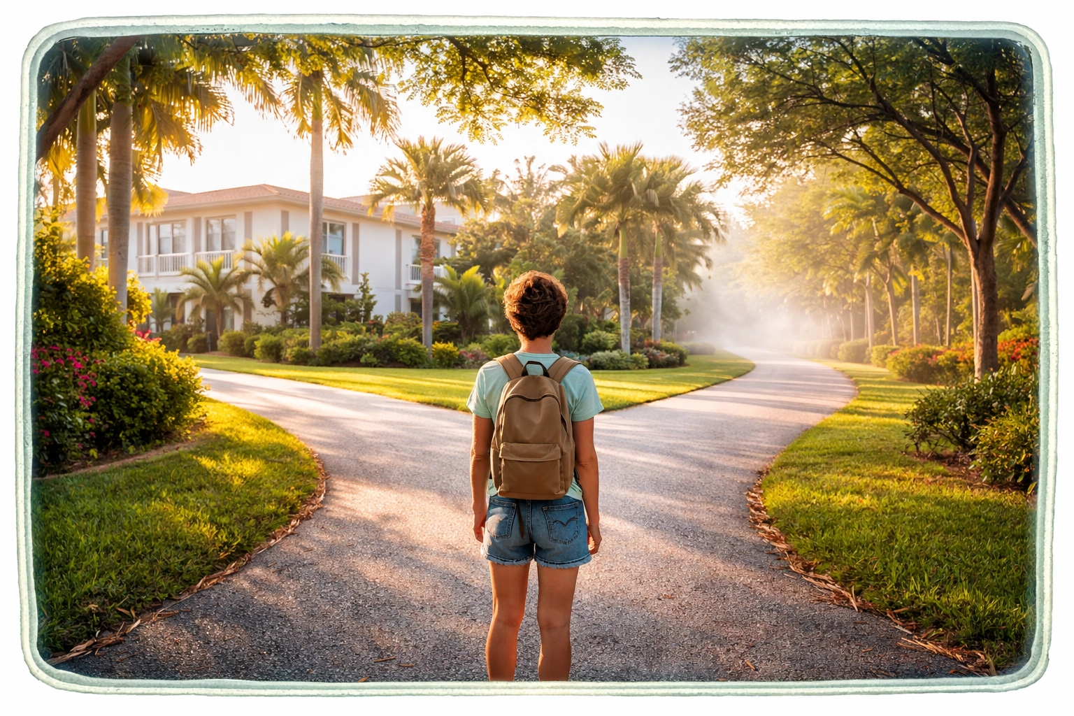 Person stands at a crossroads on a quiet residential street in South Florida, symbolizing home seller decision-making.
