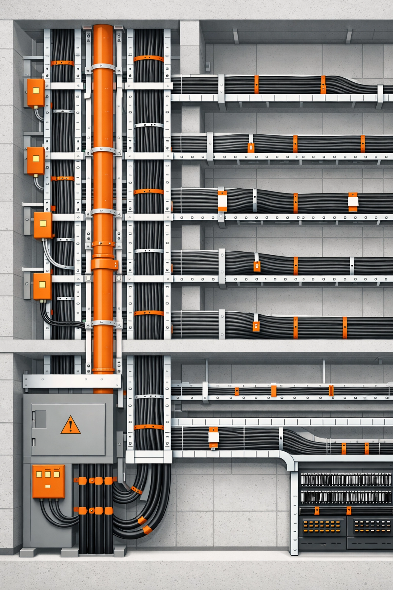 Professionelle Steigleitungen und Kabelpritschen für geordnete Elektro-Infrastruktur.