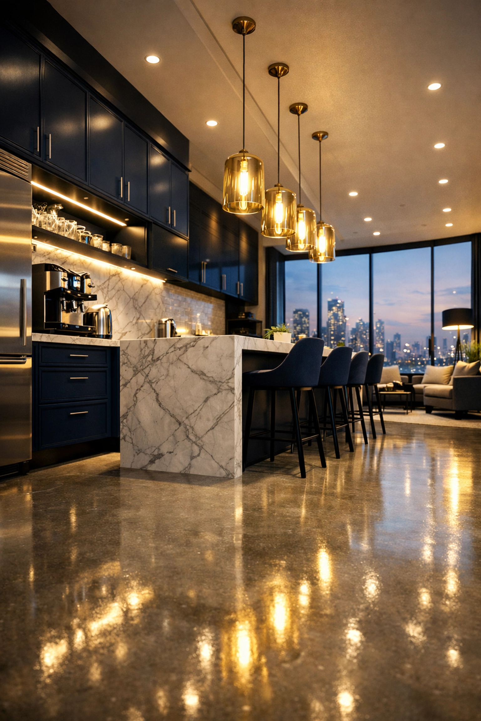 Impeccably clean modern office breakroom with marble countertops and organized professional lounge area.