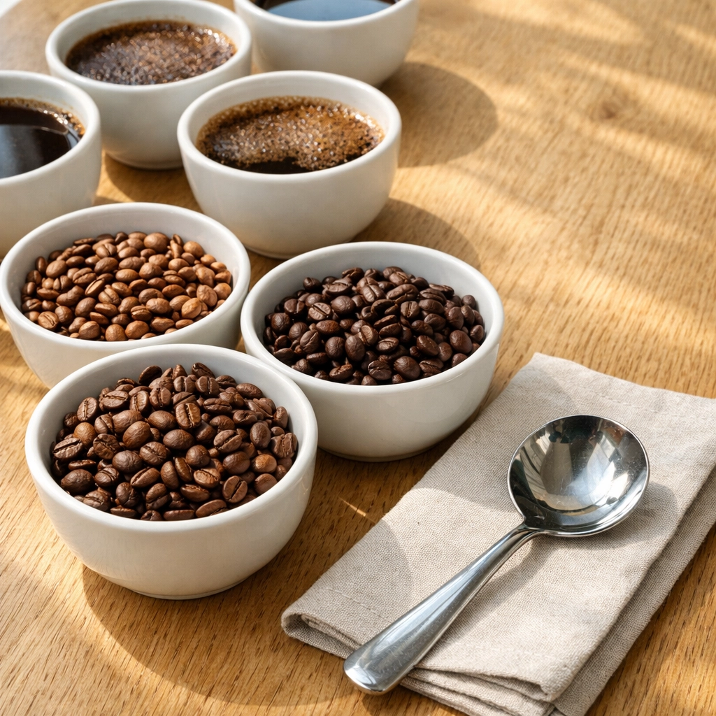 Professional coffee cupping session evaluating wholesale specialty coffee for cafe quality.