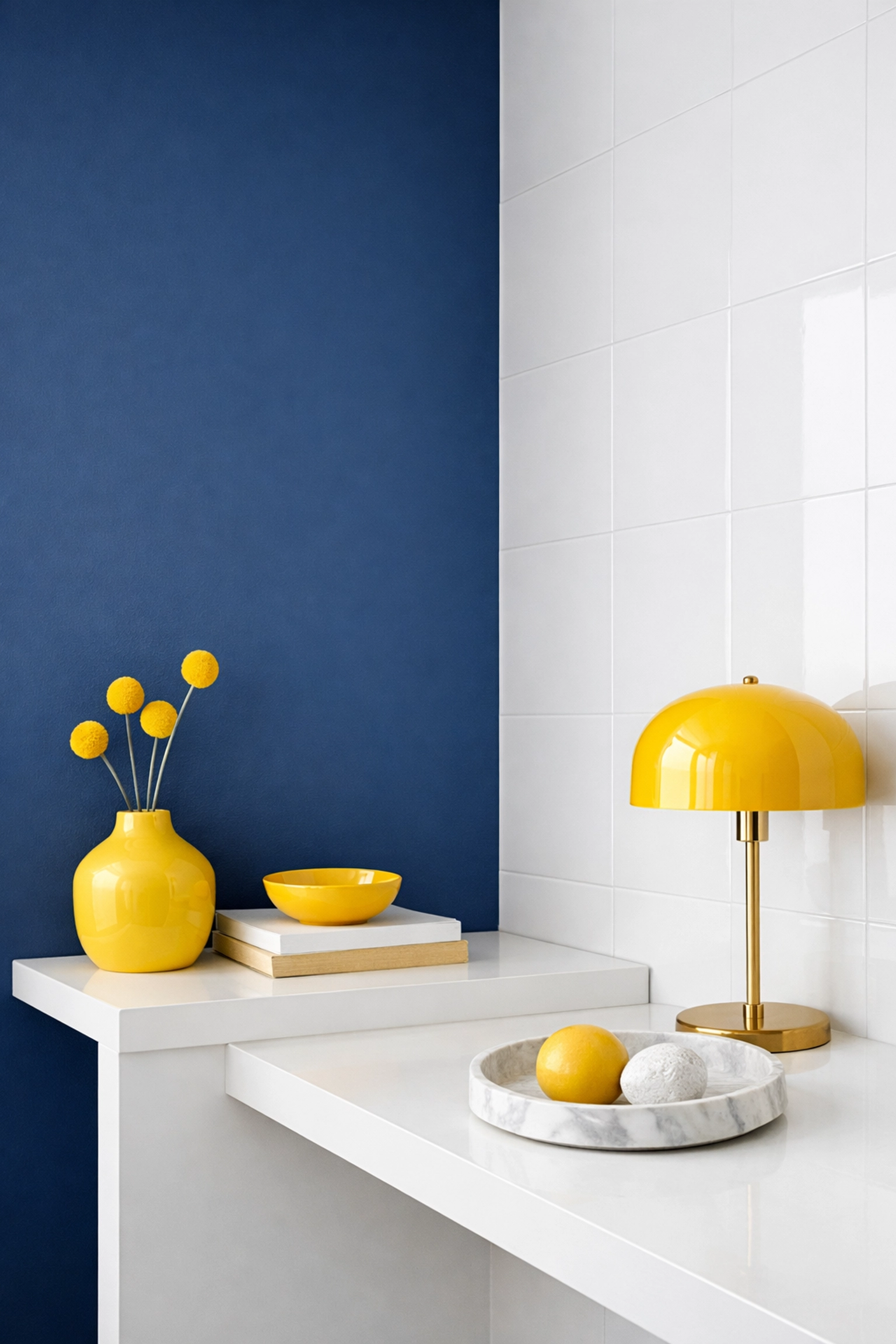 Modern interior featuring matte-painted walls and glossy tiled backsplashes.