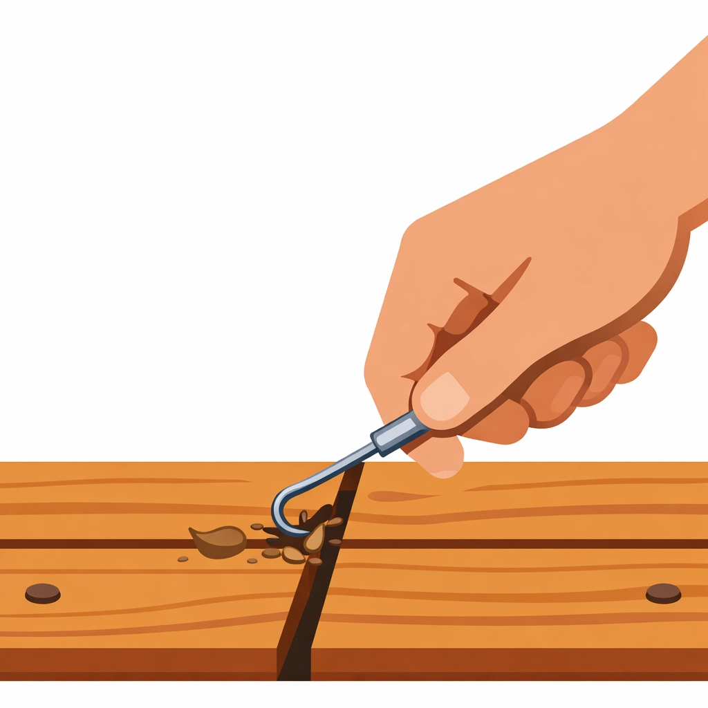 Clearing debris between wooden deck planks to improve drainage and prevent wood rot.