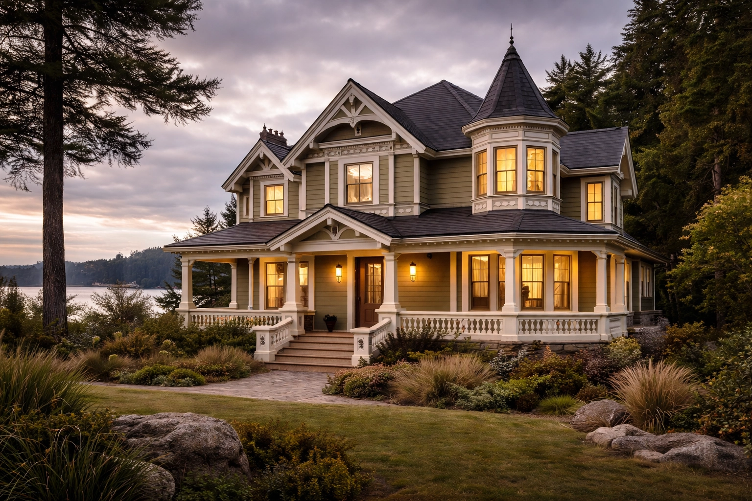 A classic Port Townsend Victorian home featuring intricate trim, steep gables, and a bay window, restored to blend heritage character with modern luxury.