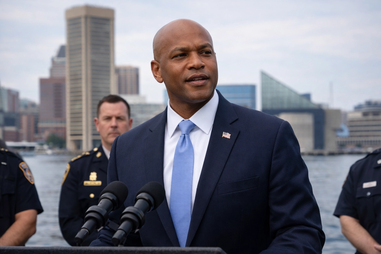 Governor Wes Moore at an official Baltimore press event with the Inner Harbor in the background