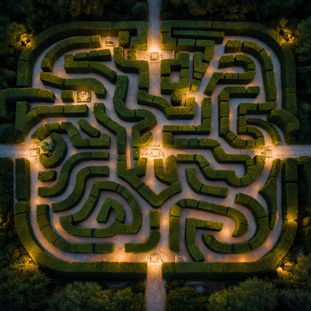 Aerial view of an intricate hedge maze at twilight representing diverse hedge fund strategies and systematic portfolio approaches.