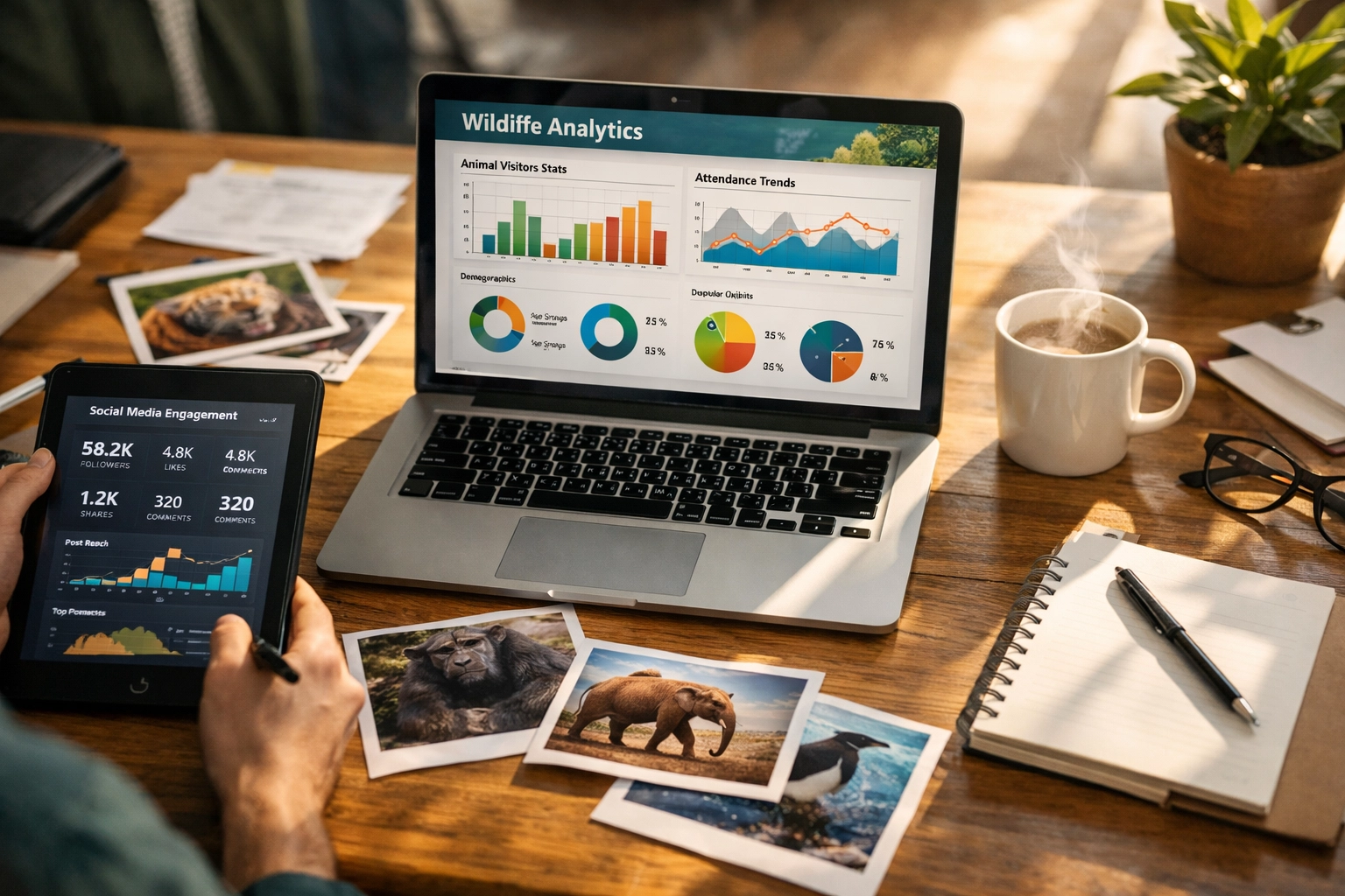 Zoo marketing team analyzing wildlife tourism data and social media engagement metrics