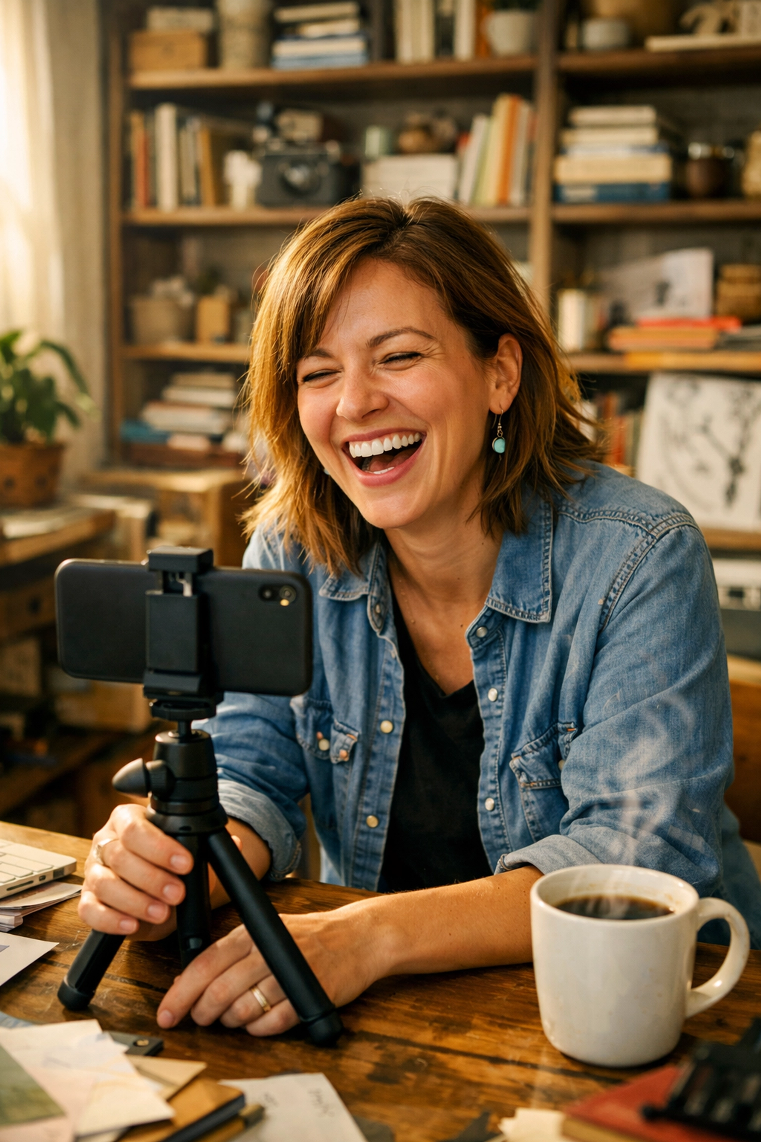 A brand creator recording authentic video content on a smartphone to build social media community.