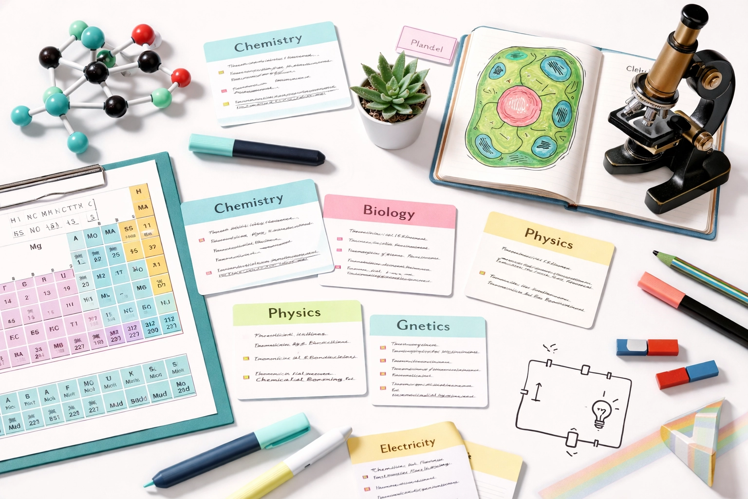 Organised flat-lay of biology, chemistry, and physics study materials for GCSE Science Revision Course in Dulwich