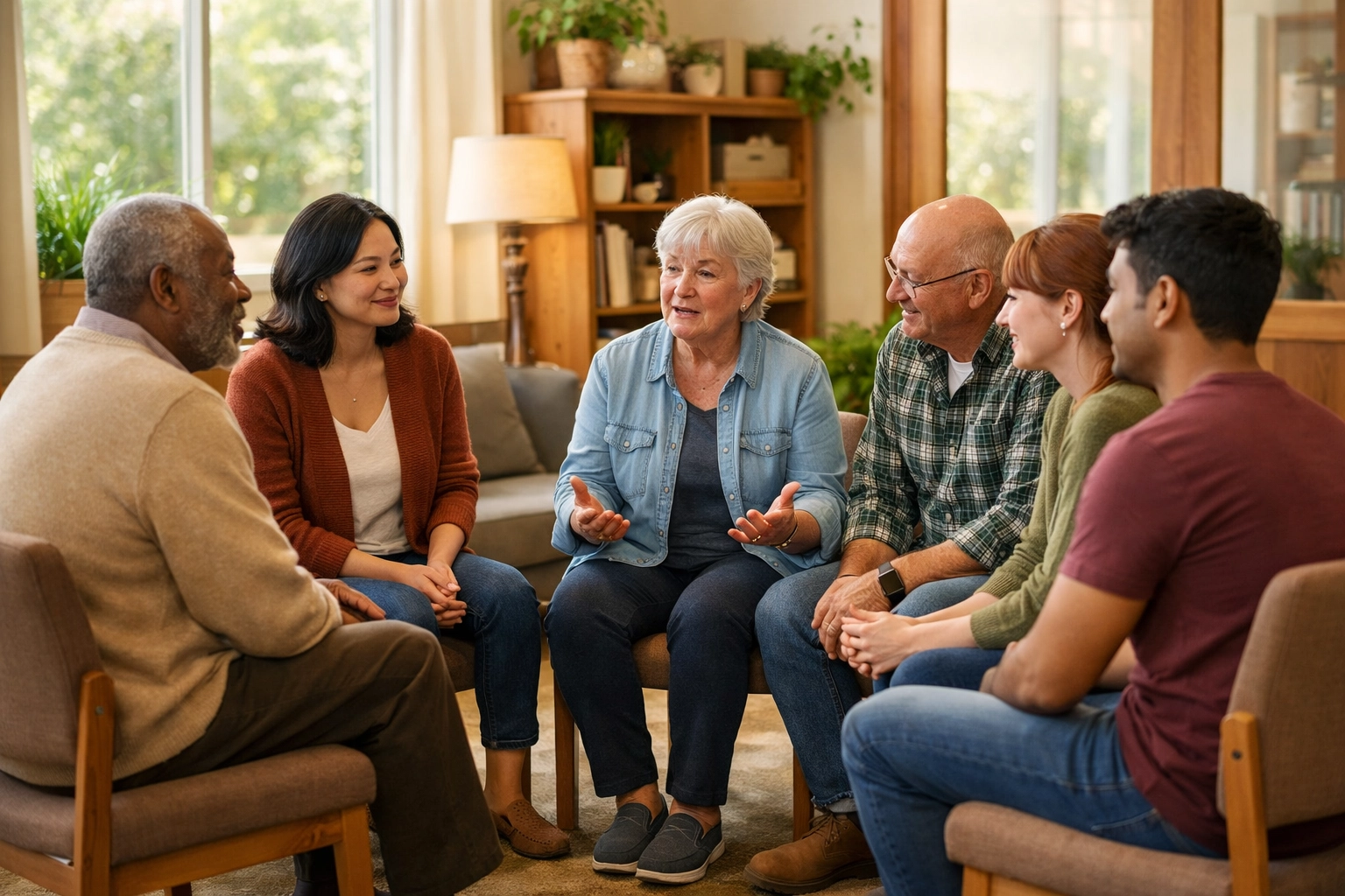 Diverse support group in circle sharing experiences in trauma-informed community program