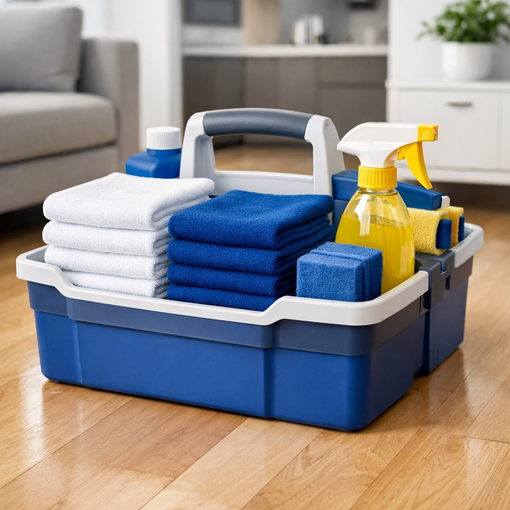 Organized maid services Worcester cleaning supplies caddy on a polished light hardwood floor.