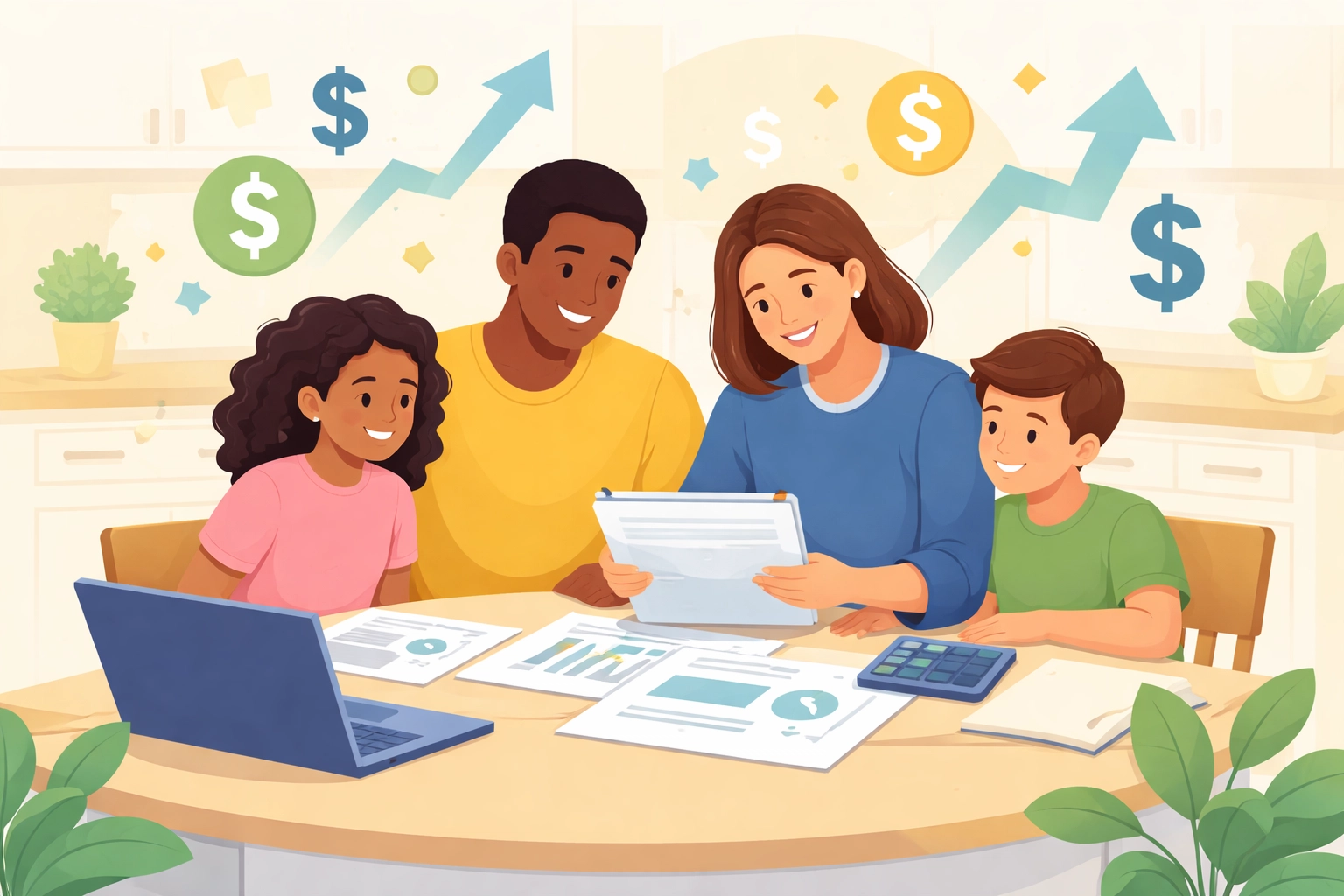 Diverse family reviewing tax documents at kitchen table, representing Child Tax Credit 2026 benefits.