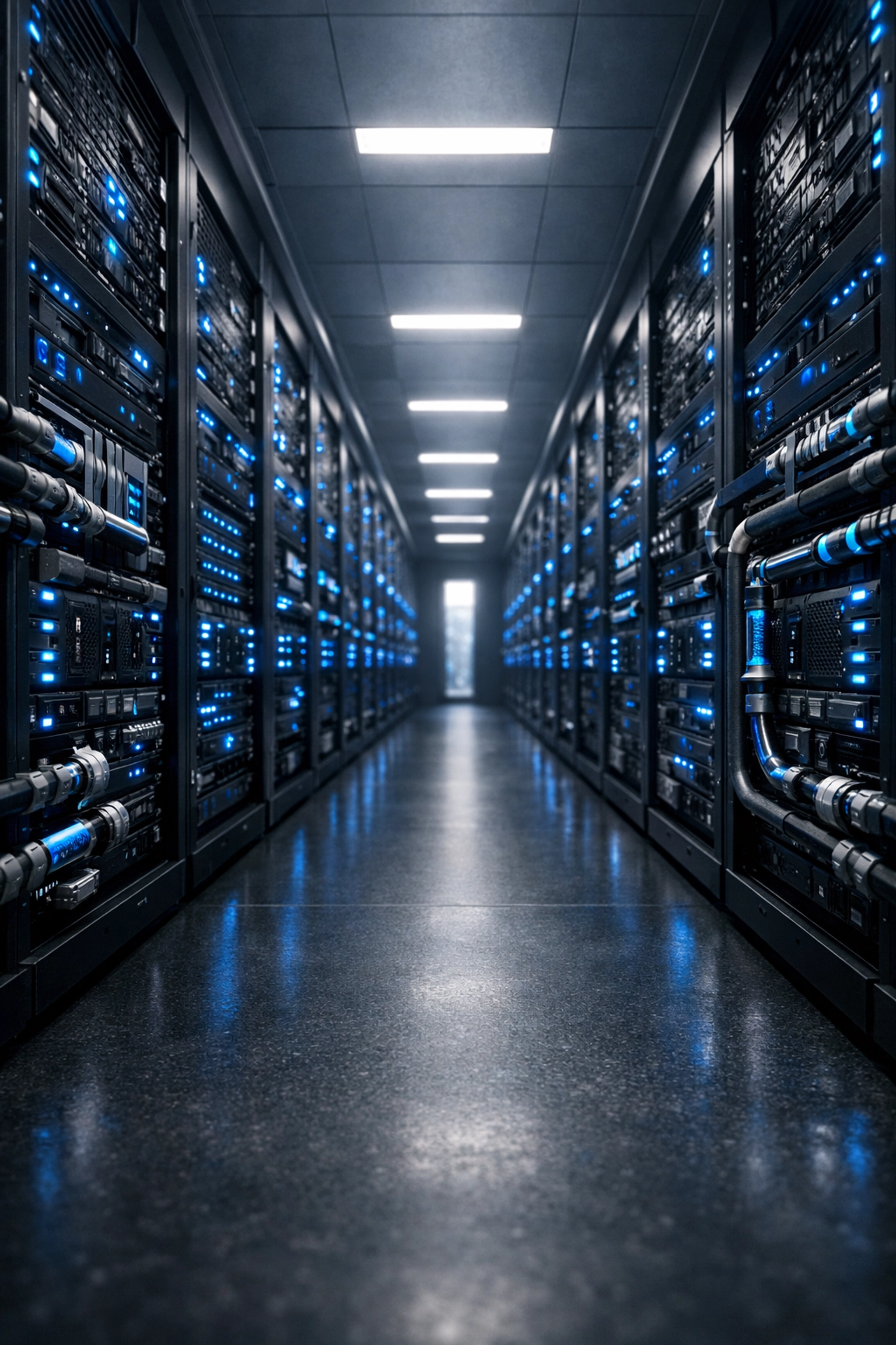Modern high-density data center aisle showing advanced power infrastructure and AI server racks.