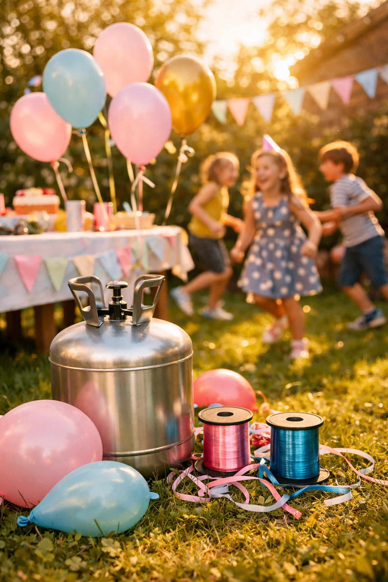 Helium canister with colorful party balloons at outdoor celebration in UK garden