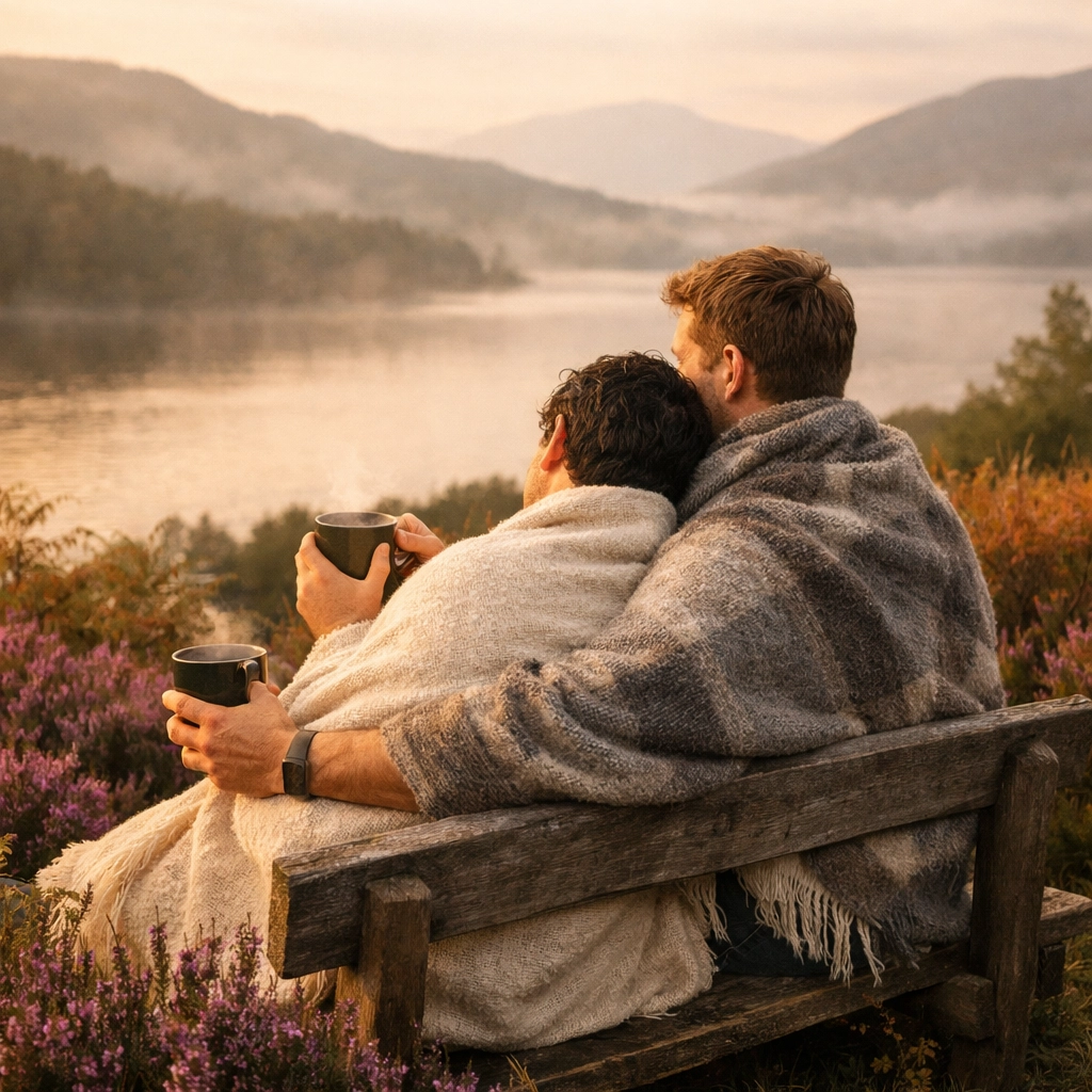 Gay couple wrapped in blankets overlooking misty Highland loch during romantic honeymoon retreat
