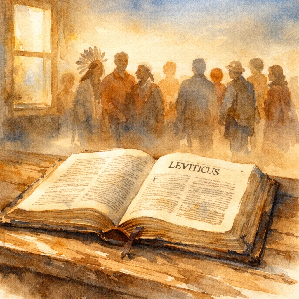 Open Bible showing Leviticus with diverse people standing together in background
