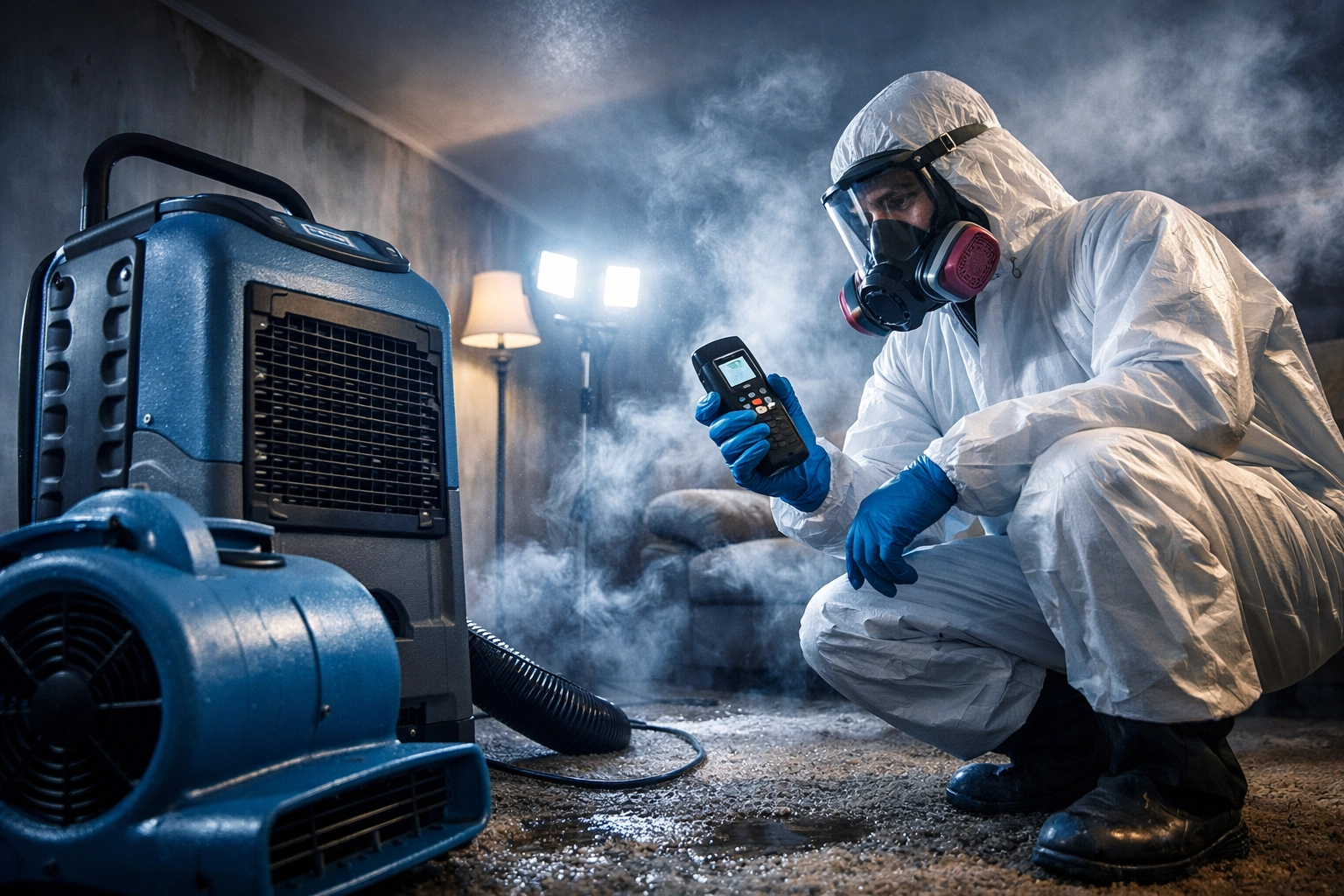 Professional water damage restoration technician using industrial dehumidifier in flooded living room