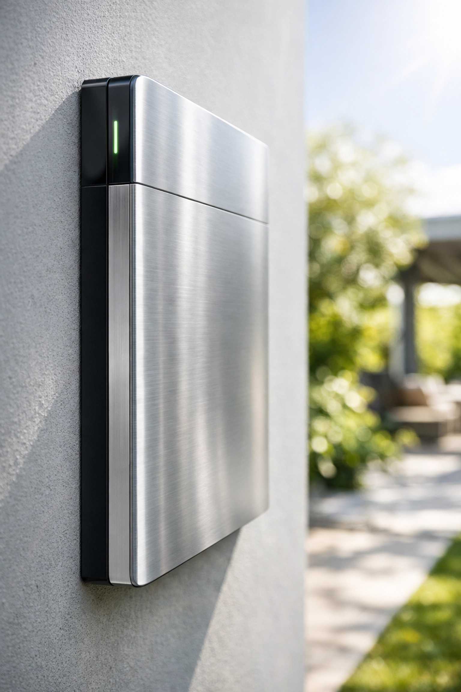 Professional installation of a slim, modern battery storage unit on an exterior wall overlooking a garden.