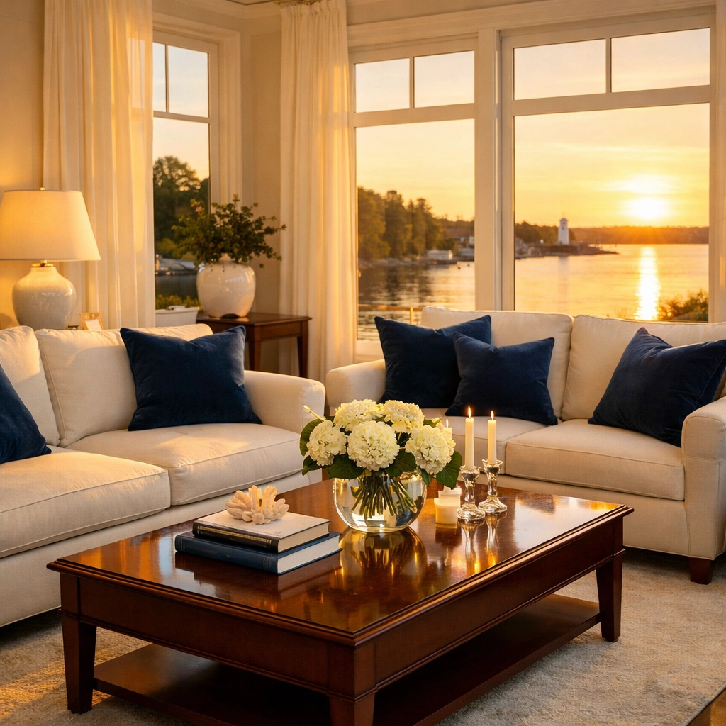 Spotless Dover living room at sunset, showing the serene results of professional residential cleaning Massachusetts.