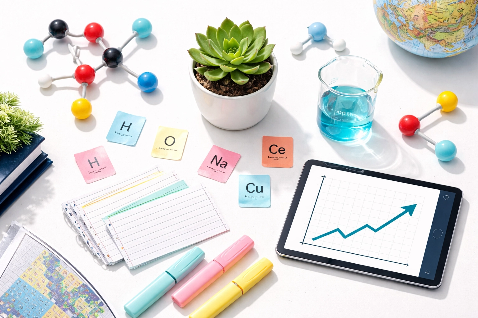 Modern flat-lay of plant, molecular structures, and science revision cards illustrating chemistry sector growth.