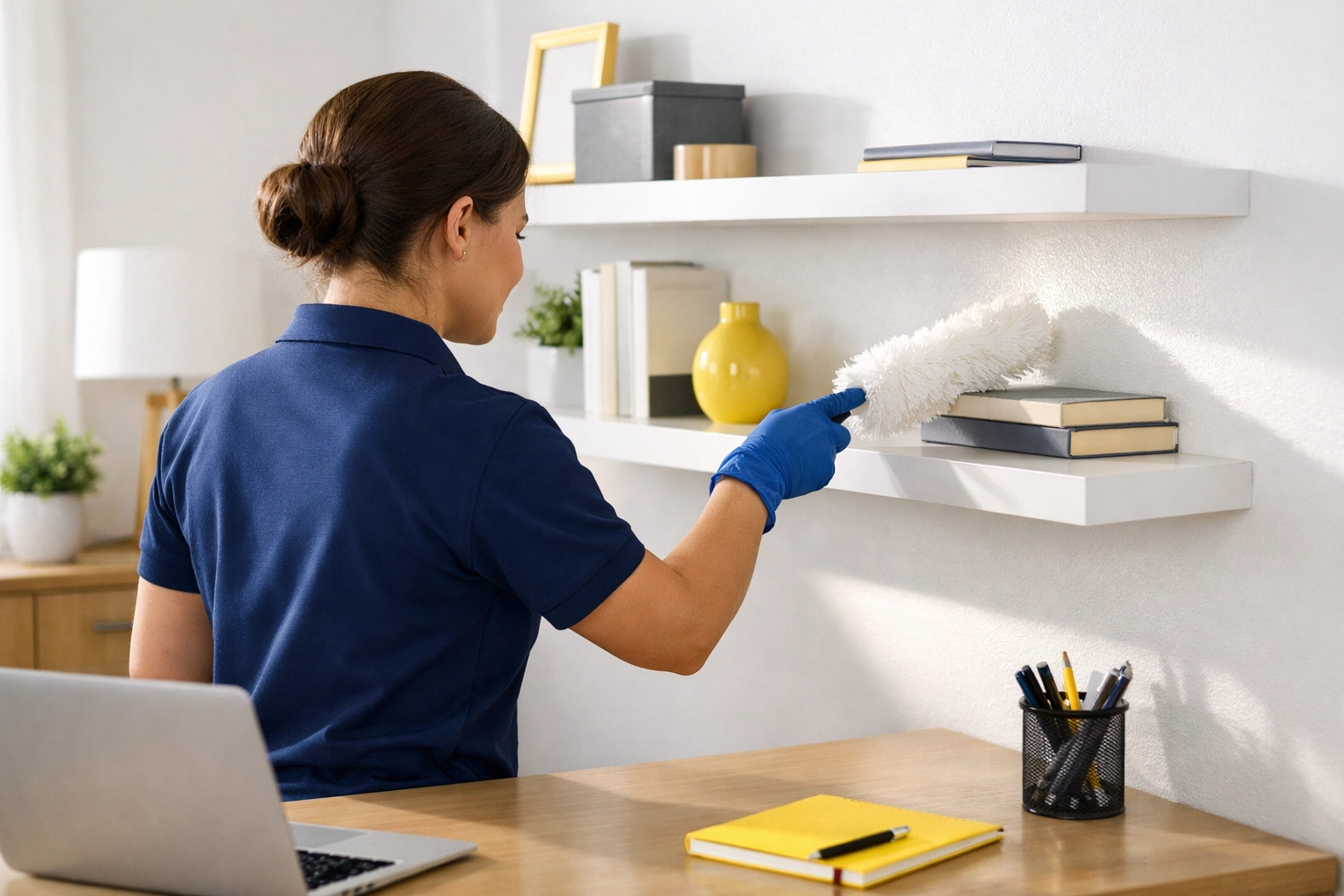 A professional cleaner dusting a home office bookshelf during a routine weekly house cleaning in Massachusetts.